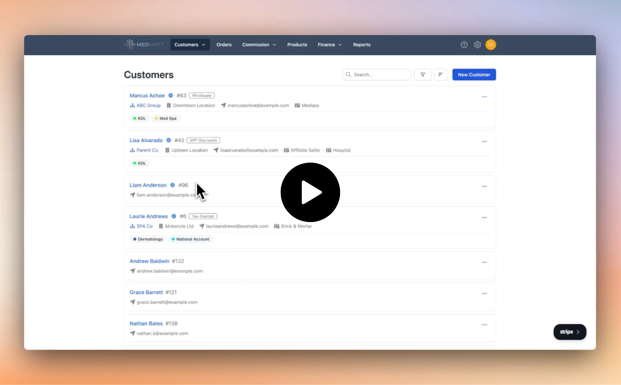 Velocity Commerce dashboard showing customer list and order management interface